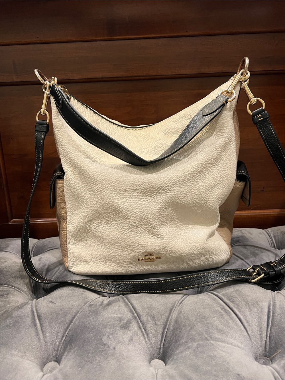 Coach Pebbled Leather Hobo in Off-White with Black Trim